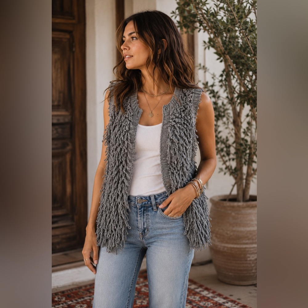 Nina Gray Shaggy Knit Vest Open Front Fringe Boho Layering Piece No Size